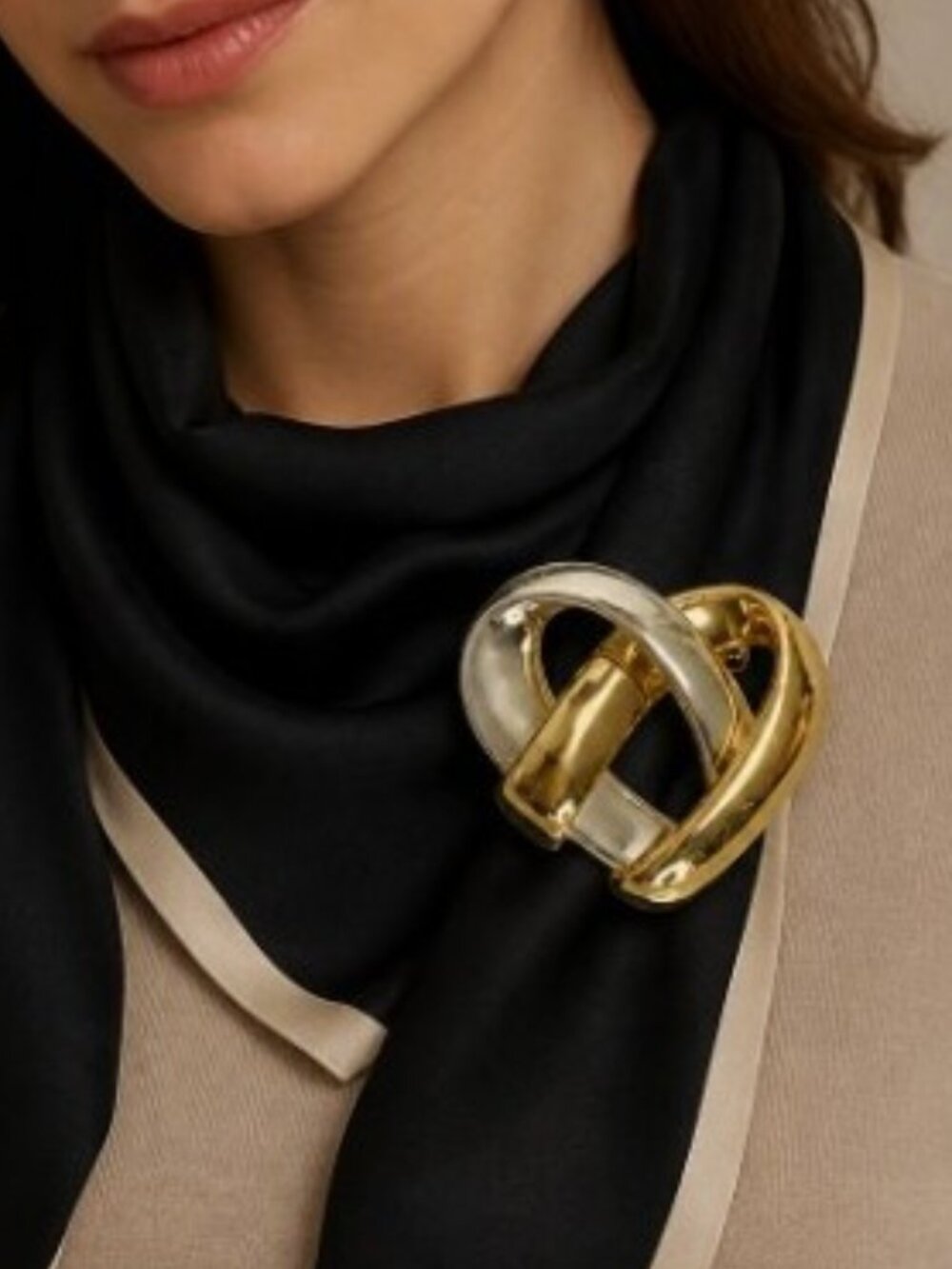 Vintage Luxe Mid-Century Modern Gold & Silver-Tone Interlocking Heart Brooch